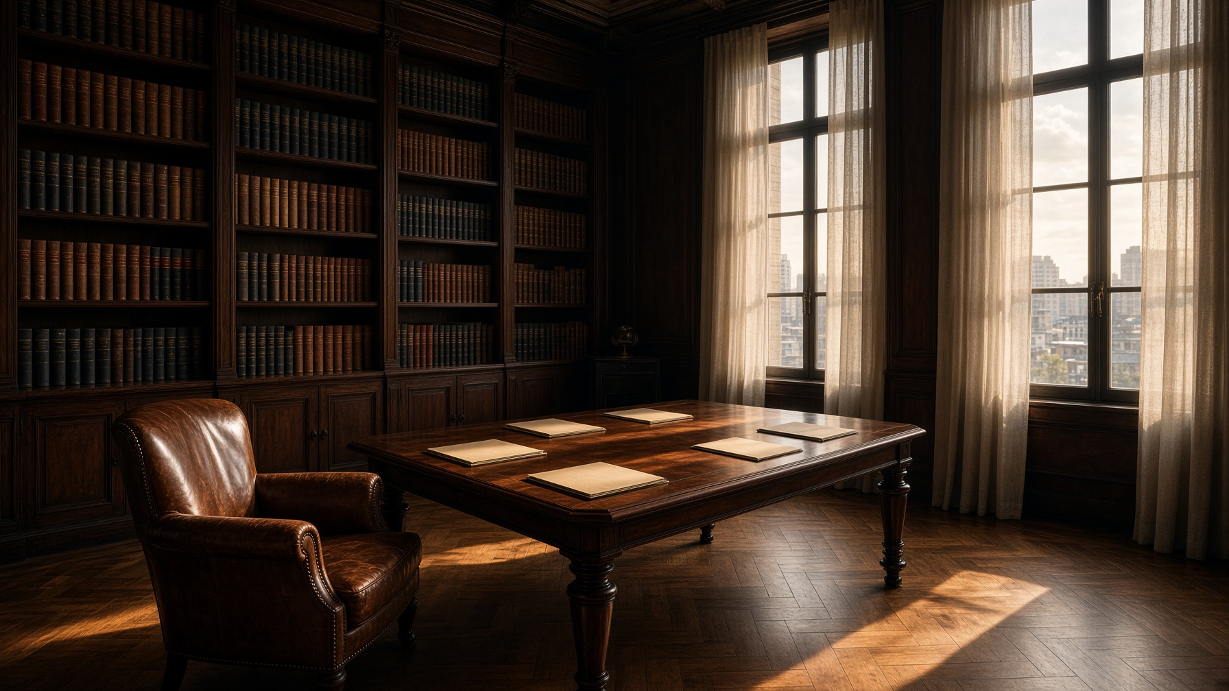 Biblioteca do escritório, com estantes de madeira e luz da tarde.